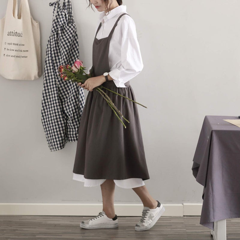 losofar Women Girls Vintage Apron Adjustable Gardening Works Cross Back Cotton/Linen Blend Aprons Pinafore Dress with Two Pockets (grey, one size) - Image 3